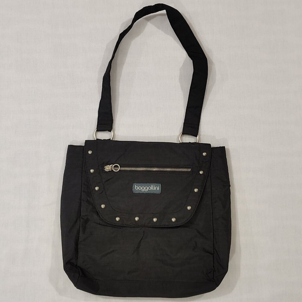 BAGGALLINI Studded Shoulder Tote Handbag Black Nylon Purse Light Weight Pockets